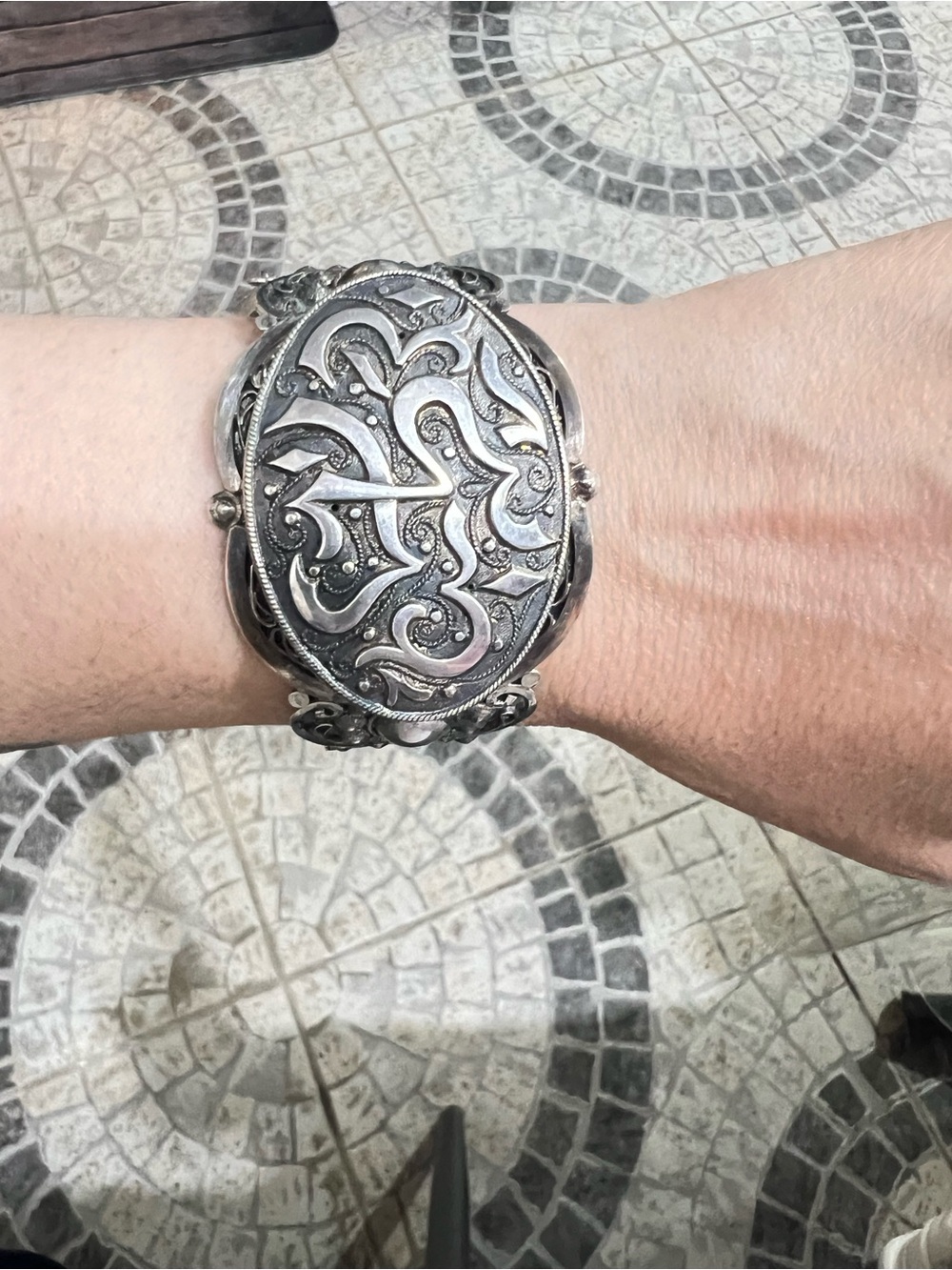 Intricate Silver-Tone Oval Statement Bracelet - Women's Jewelry